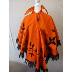 Wool Southwestern poncho orange eclectic vamp fringe embroidered details